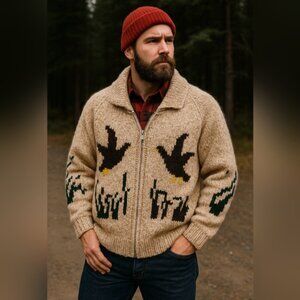 Vintage Duck Hunt Cowichan Sweater Size XL Tall Full Zip Cardigan Wool